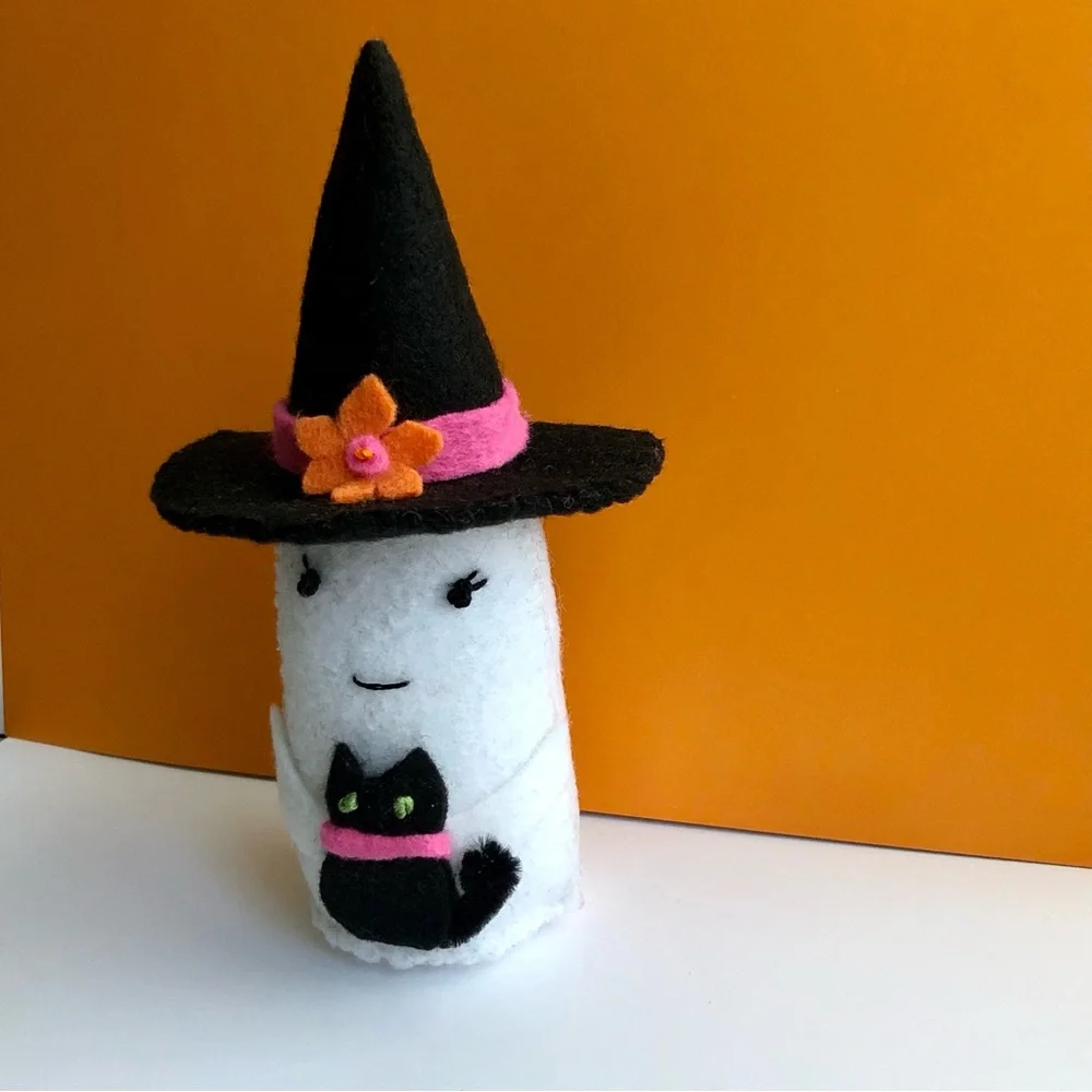 Hand-sewn felt Witch Ghost black cat, summerween handmade embroidery art doll